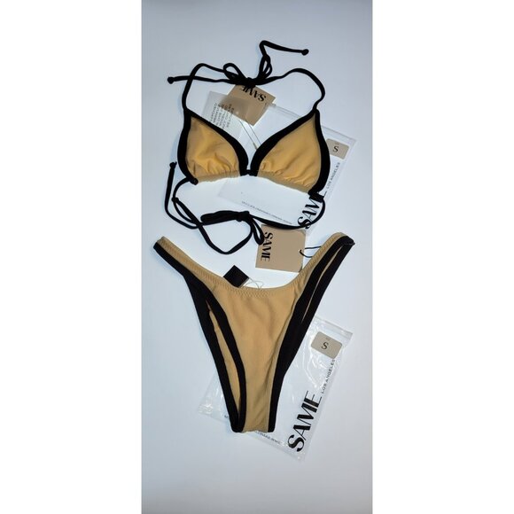SAME Los Angeles Swim Bikini Set 2Pc Triangke Top High Weist Bottom Beige SZ S - Picture 1 of 10